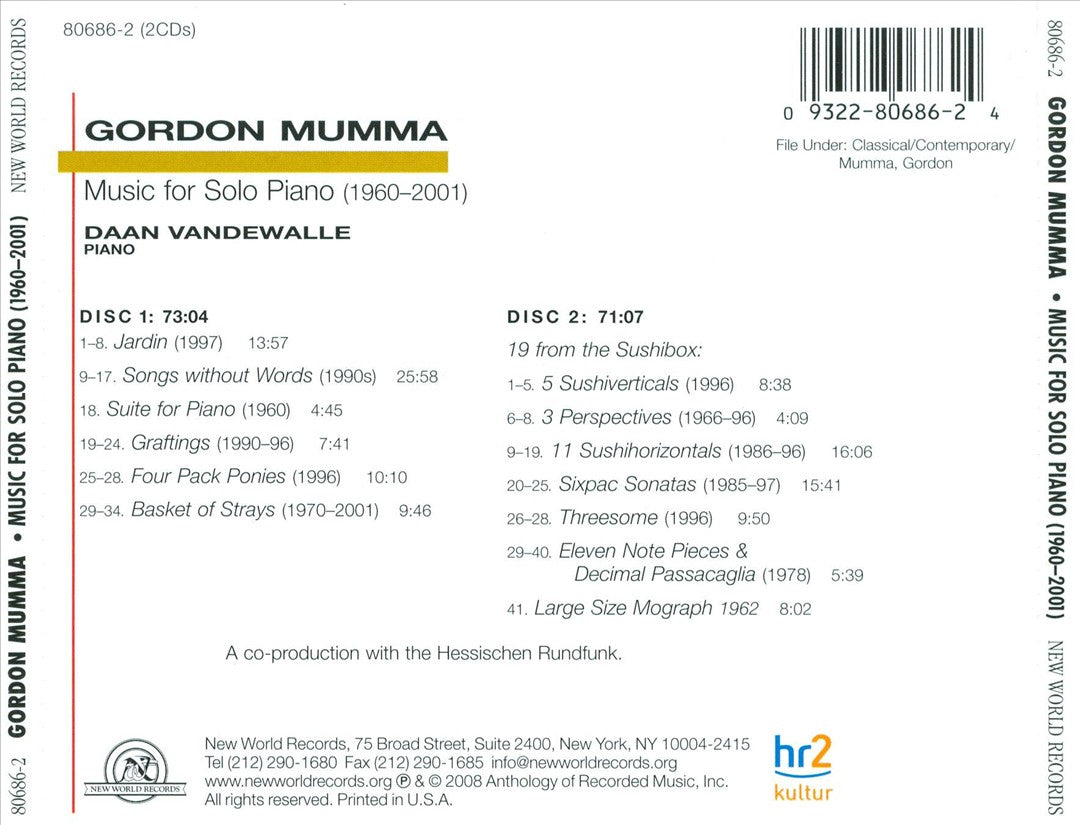Gordon Mumma: Music for Solo Piano cover art