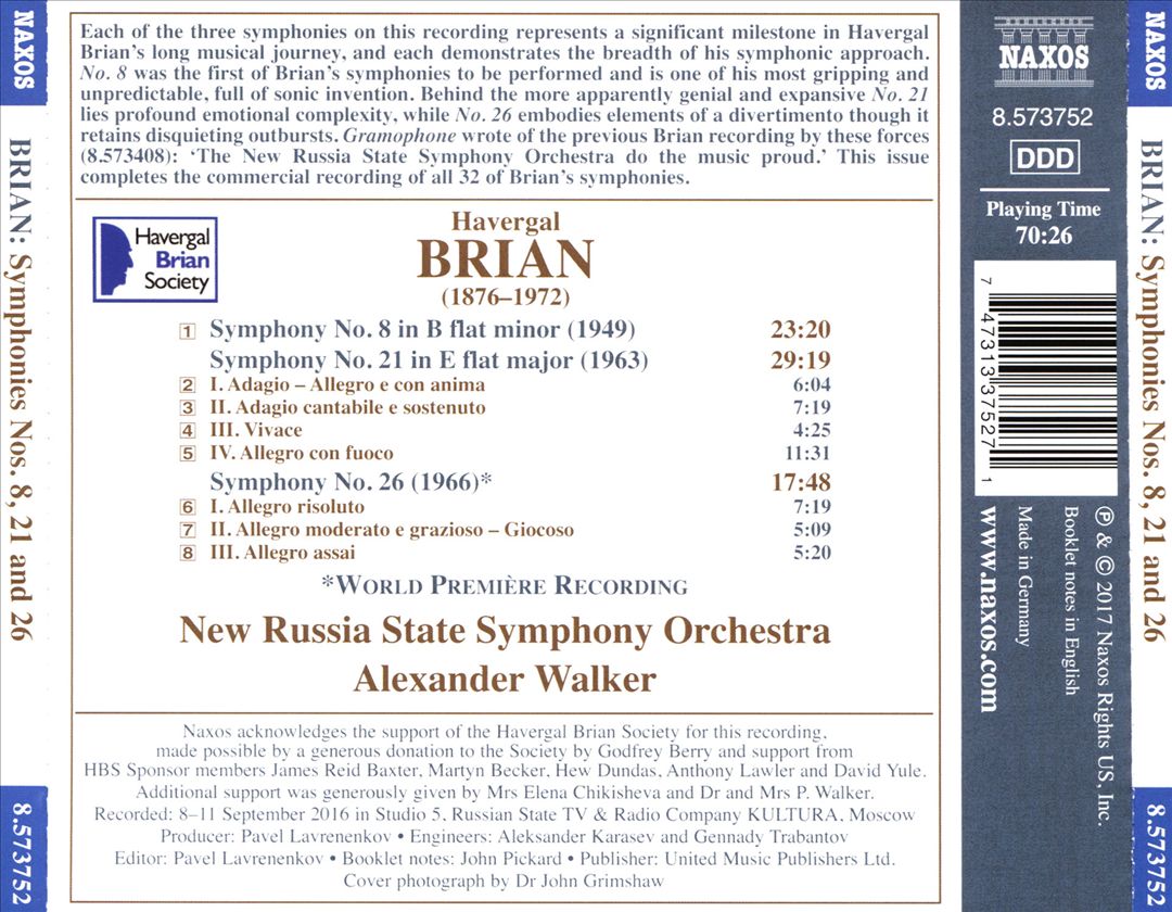 Havergal Brian: Symphonies Nos. 8, 21 and 26 cover art