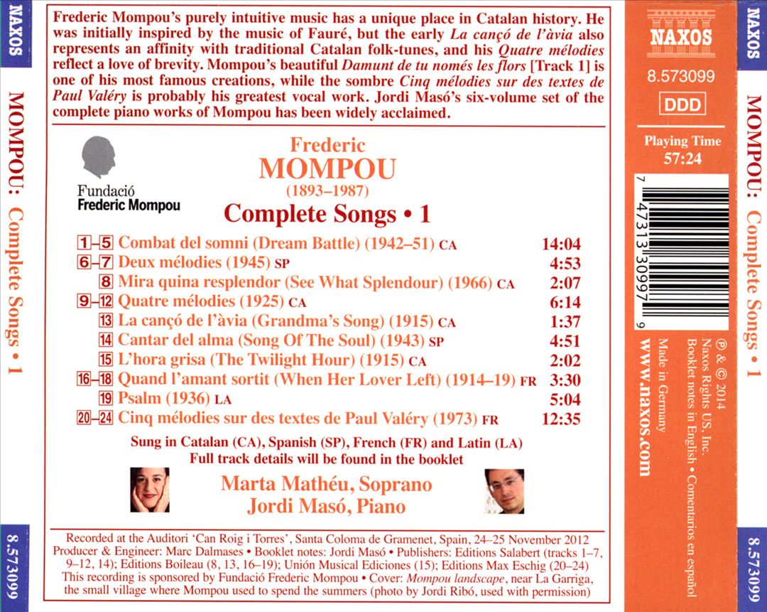 Frederic Mompou: Complete Songs, Vol. 1 cover art