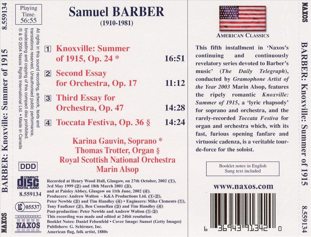 Barber: Knoxville - Summer of 1915; Essays for Orchestra Nos. 2 & 3 cover art