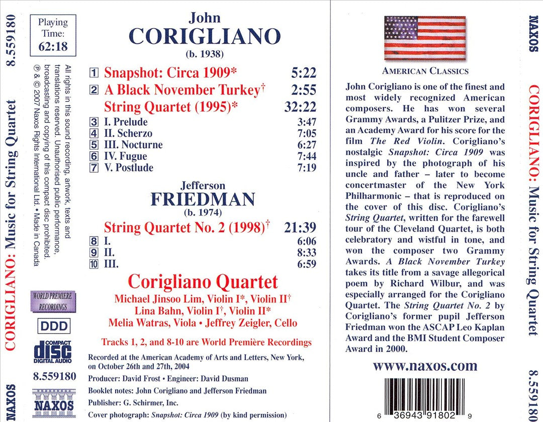 John Corigliano: String Quartet; Snapshot: Circa 1909; A Black November Turkey; Friedman: String Quartet No. 2 cover art