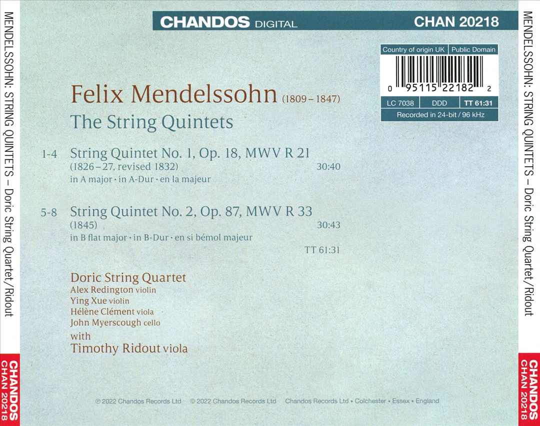 Mendelssohn: The String Quintets cover art