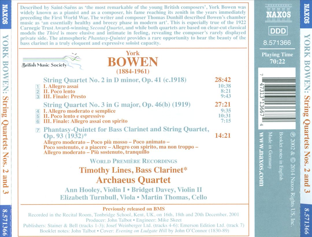 York Bowen: String Quartet Nos. 2 & 3; Phantasy-Quintett cover art