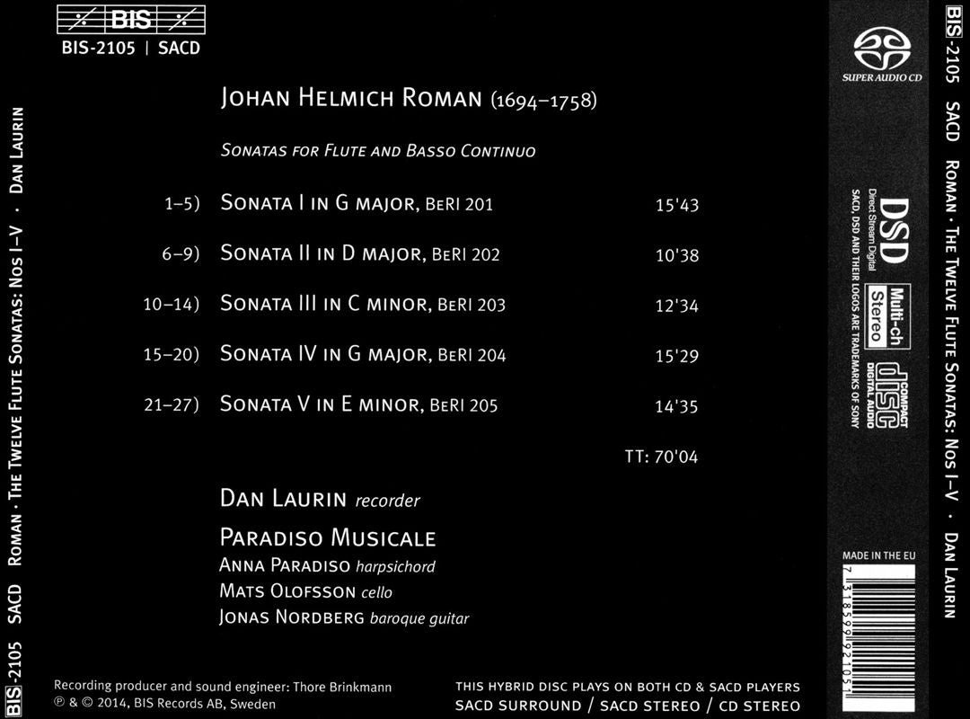 J.H. Roman: The 12 Flute Sonatas, Nos. 1-5 cover art