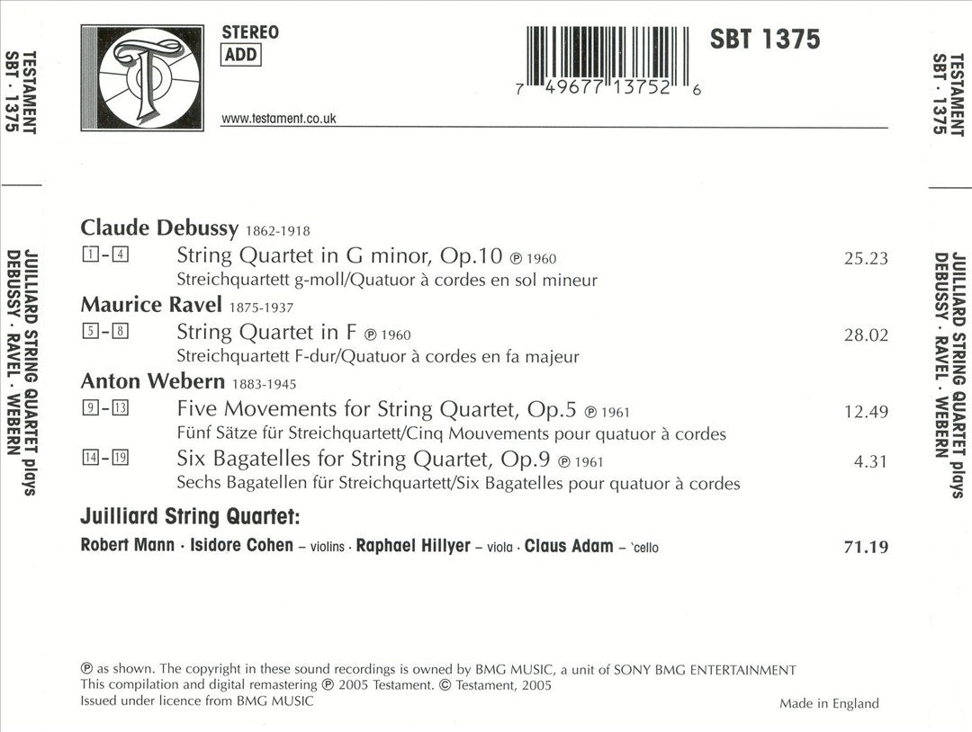 Julliard String Quartet performs Debussy, Ravel & Webern cover art