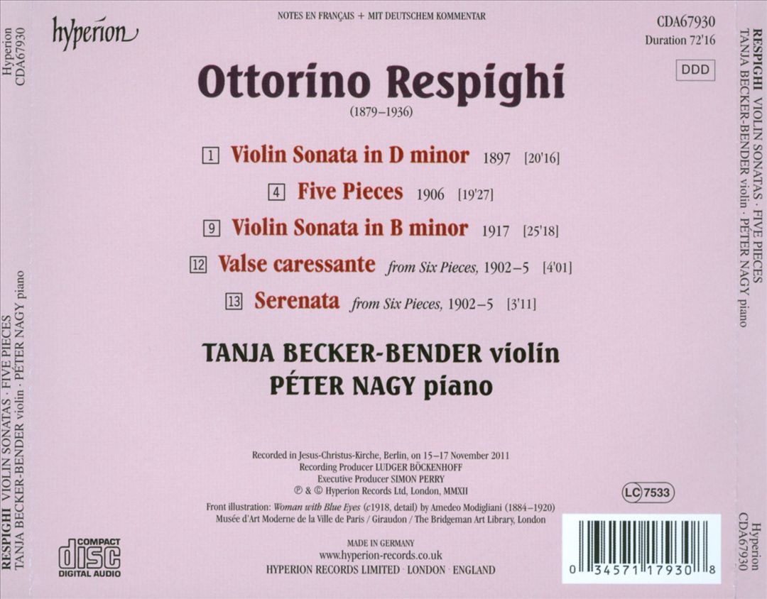Respighi: Violin Sonatas; Five Pieces for Violin and Piano cover art