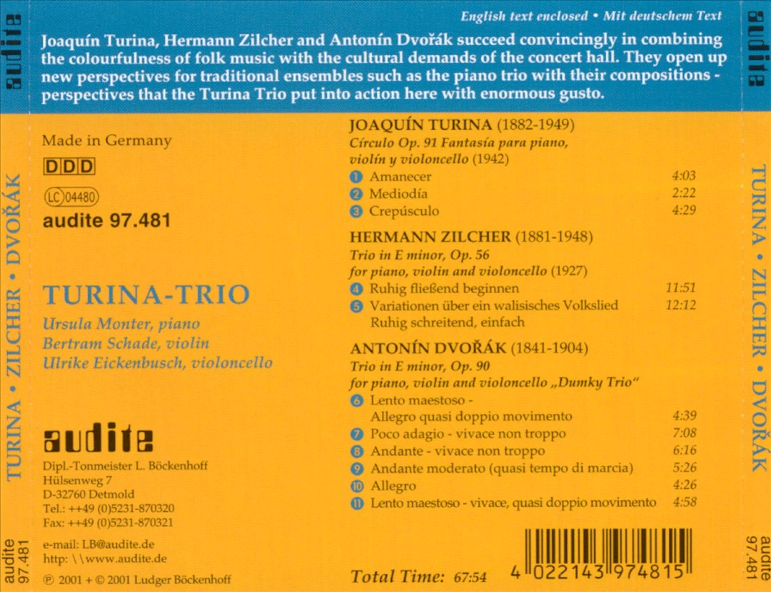Turina: Círculo, Op. 91; Zilcher: Trio in E minor, Op. 56; Dvorák: Trio in E minor, Op. 90 cover art