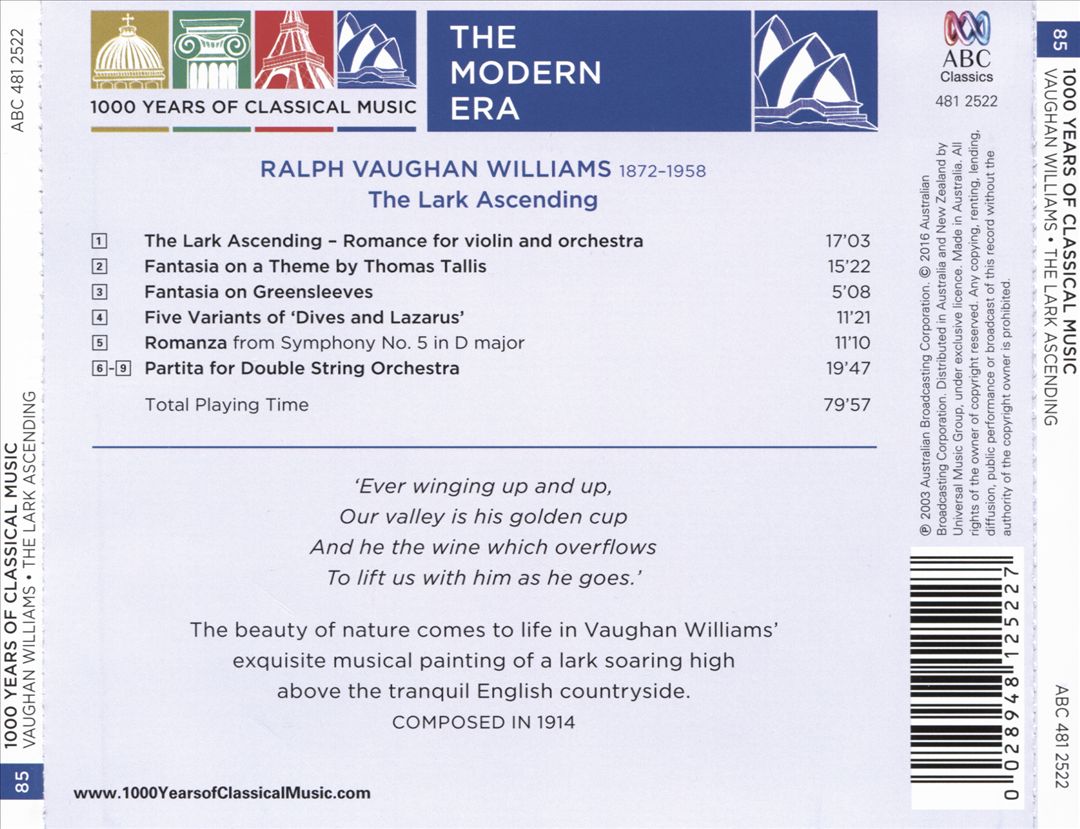 1000 Years of Classical Music, Vol. 85: The Modern Era - Vaughn Willaims: The Lark Ascending cover art