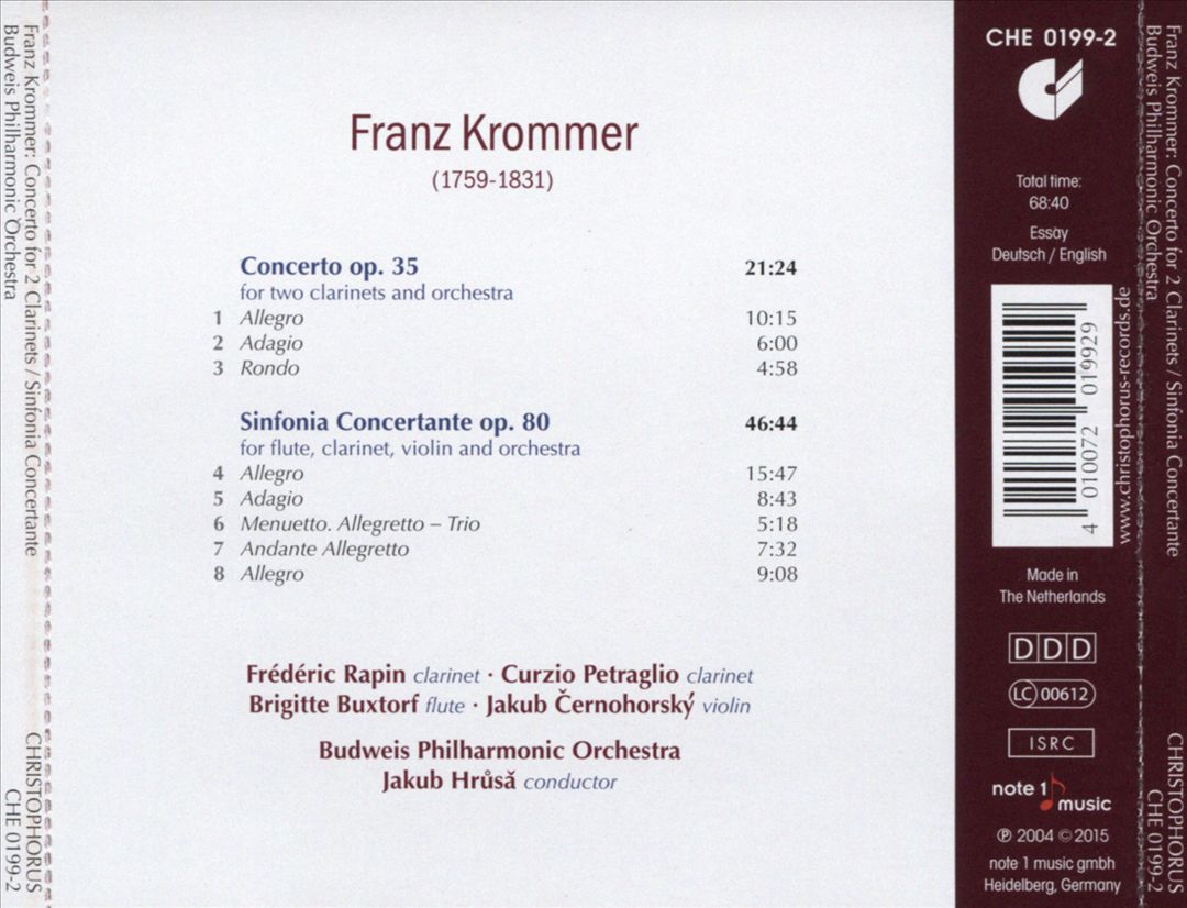 Franz Krommer: Concerto for 2 Clarinets, Op. 35; Sinfonia Concertante, Op. 80 cover art