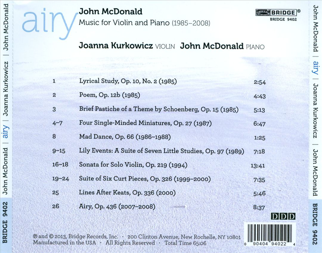 John Mcdonald: Airy - Music for Violin & Piano cover art