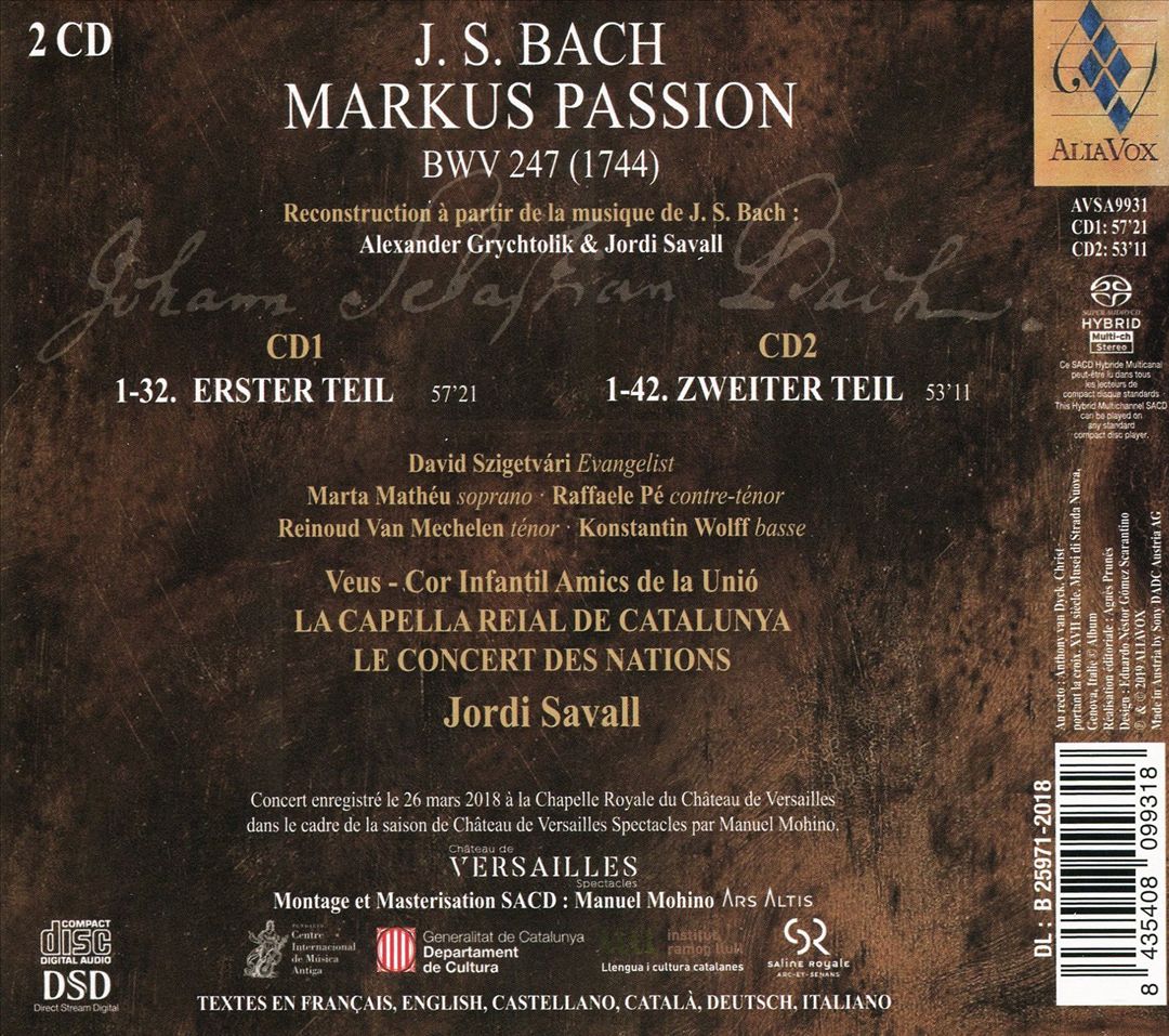 J.S. Bach: Markus Passion BWV 247 (1744) cover art