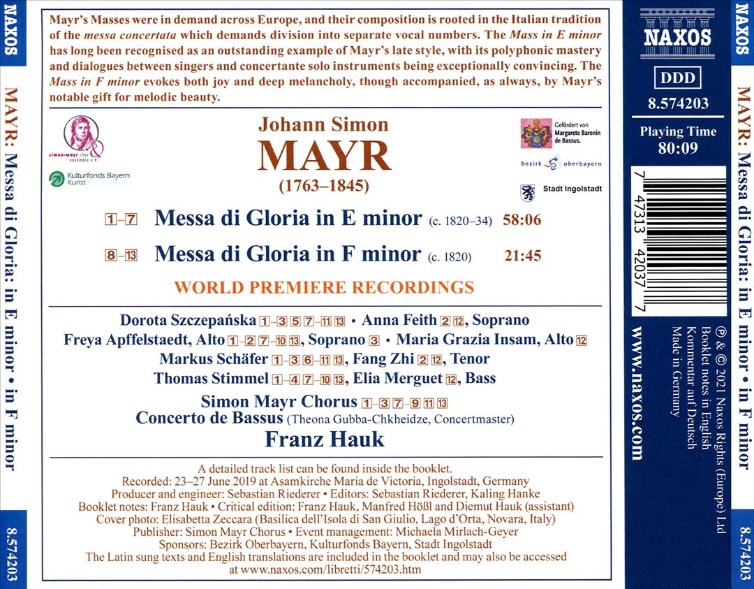 Johann Simon Mayr: Messa di Gloria in E minor; Messa di Gloria in F minor cover art