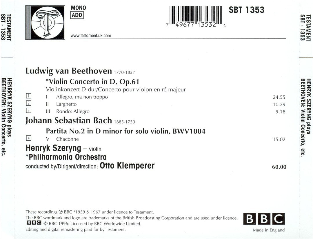 Beethoven: Violin Concertos; Bach: Partita No. 2, BWV 1004 - Chaconne cover art