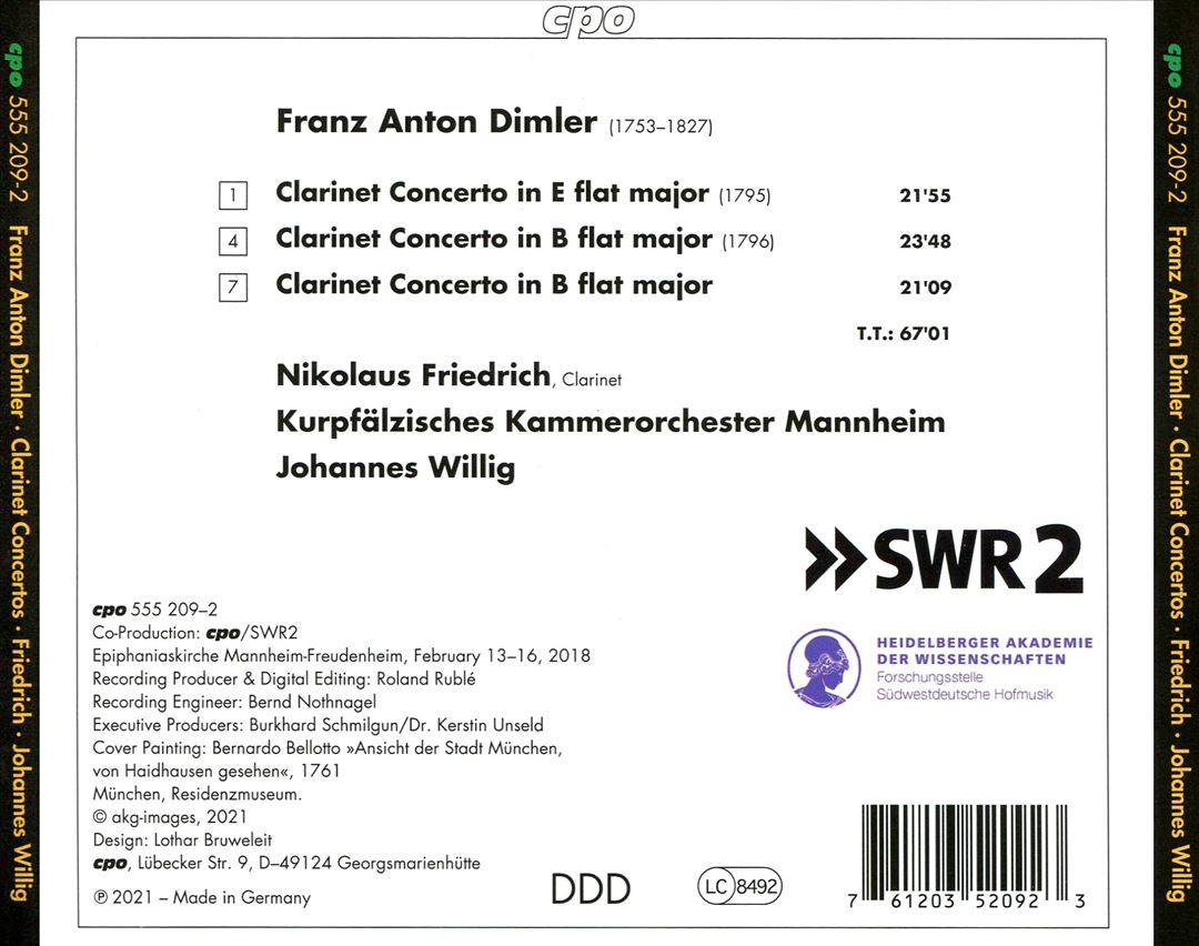 Franz Anton Dimler: Three Clarinet Concertos cover art