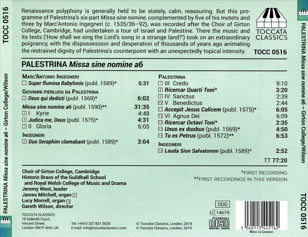 Palestrina: Missa sine nomine a 6; Accepit Jesus Calicem; Judica me Domine; Etc. cover art