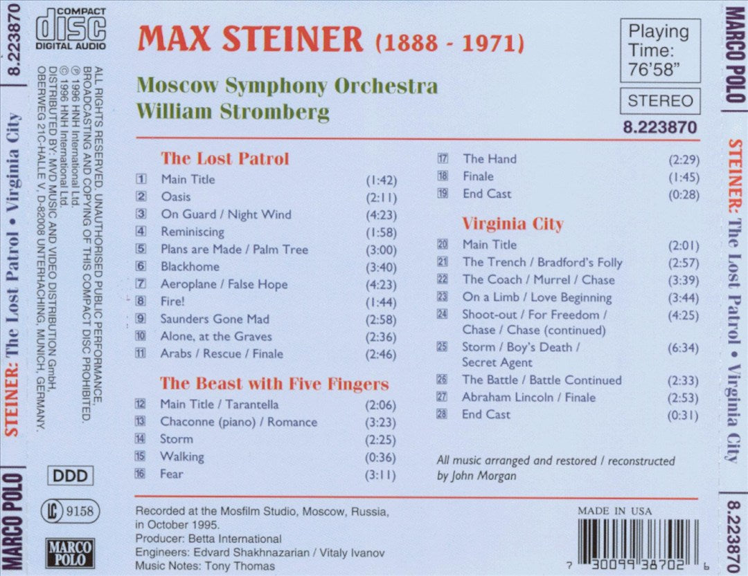 Max Steiner: The Lost Patrol; Virginia City; The Beast With Five Fingers cover art