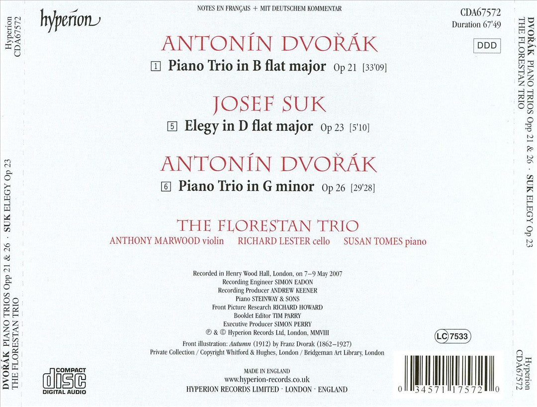 Dvorák: Piano Trios, Op. 21 & Op. 26; Suk: Elegy, Op. 23 cover art