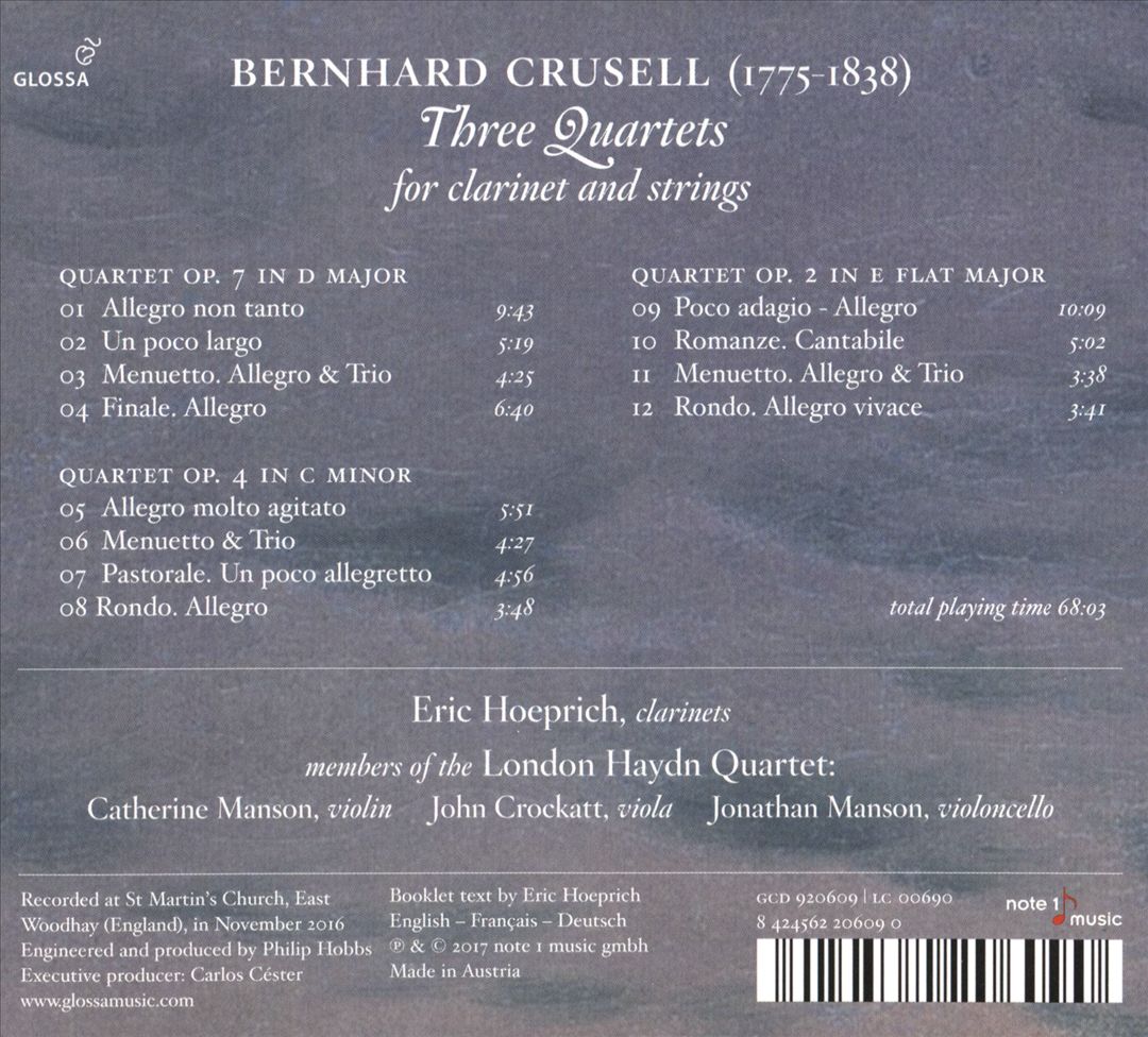 Bernhard Crusell: Three Quartets for clarinet and strings cover art