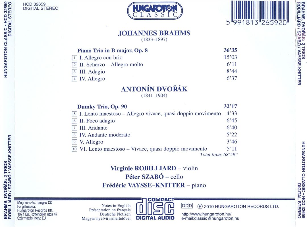 Brahms: Piano Trio, Op. 8; Dvorák: Dumky Trio, Op. 90 cover art