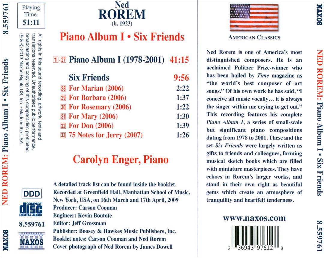 Ned Rorem: Piano Album 1; Six Friends cover art