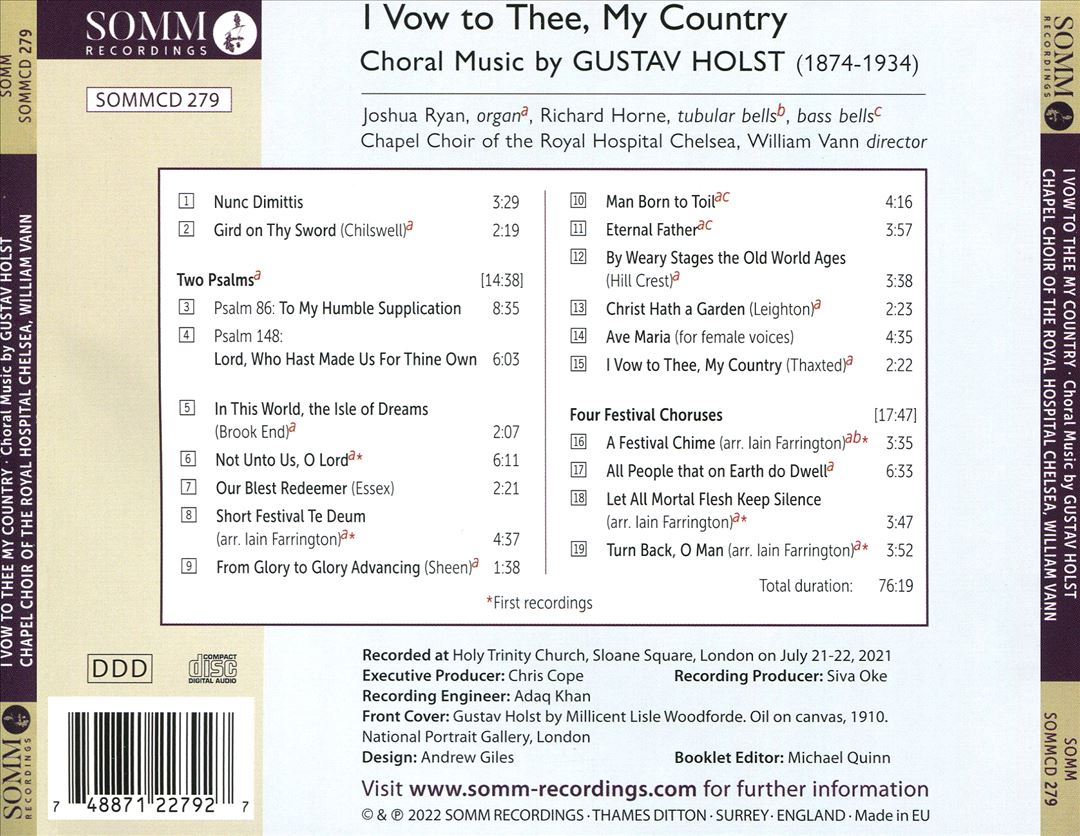 I Vow to Thee, My Country: Choral Music by Gustav Holst cover art