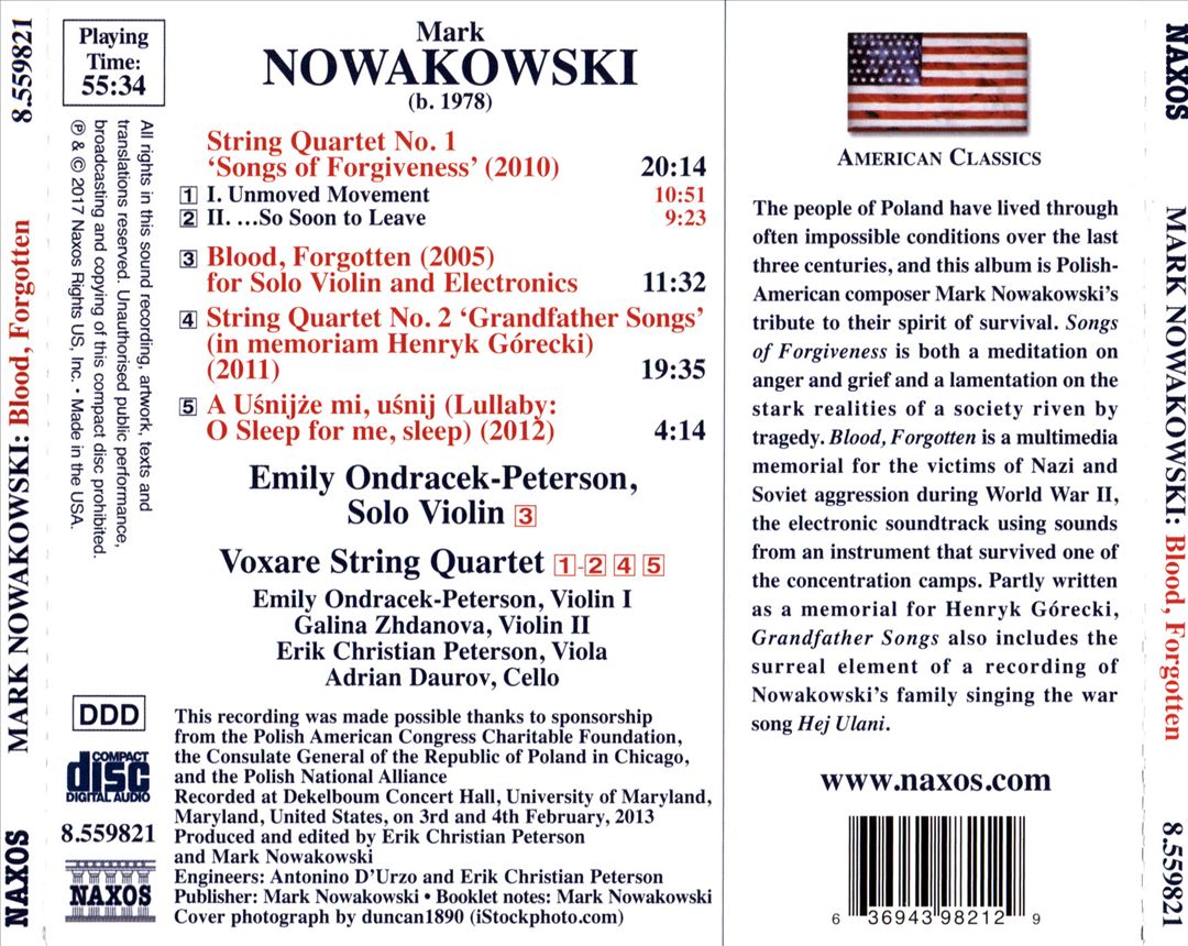 Mark Nowakowski: Blood, Forgotten; String Quartet No. 1 "Songs of Forgiveness"; String Quartet No. 2 "Grandfather Songs"; A Uśnijże mi, uśnij cover art
