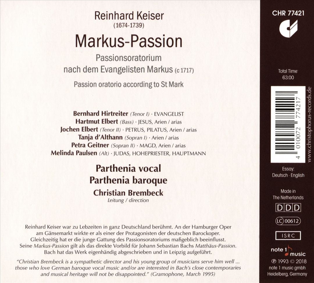 Reinhard Keiser: Markus-Passion cover art