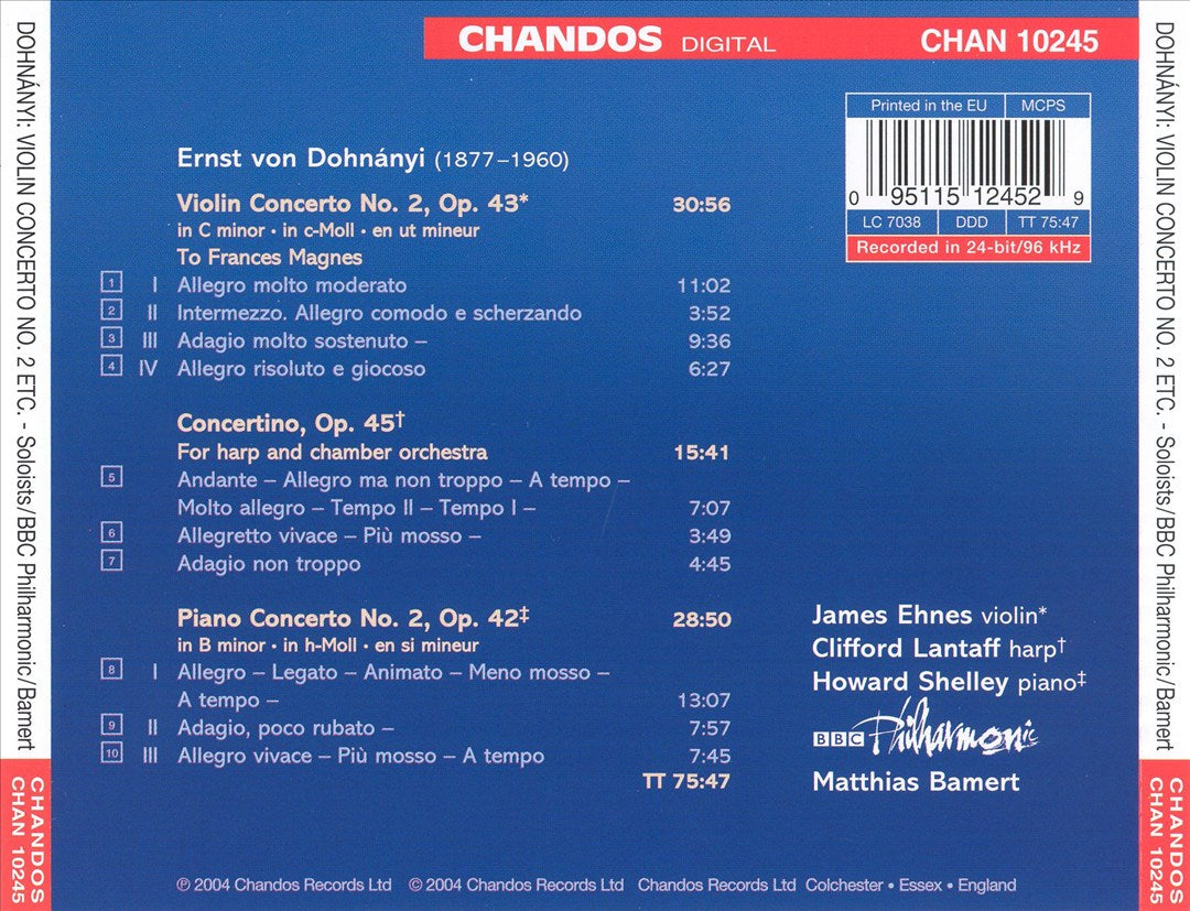 Dohnányi: Piano Concerto No. 3; Violin Concerto No. 2; Harp Concertino cover art