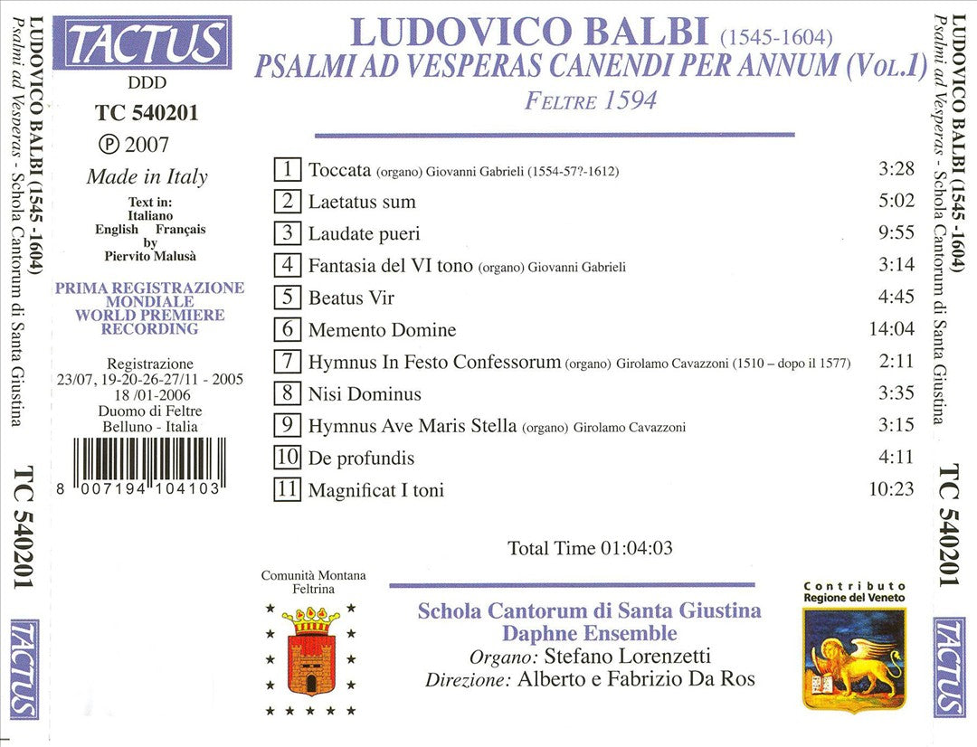 Ludovico Balbi: Psalmi ad Vesperas Canedi per Annum (Vol. 1) cover art