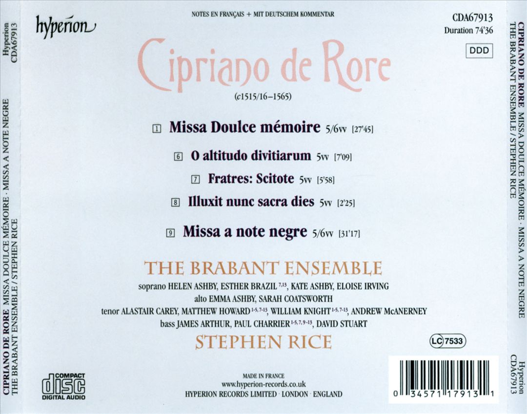 Cipriano de Rore: Missa Doulce Mémoire; Missa a note negre cover art