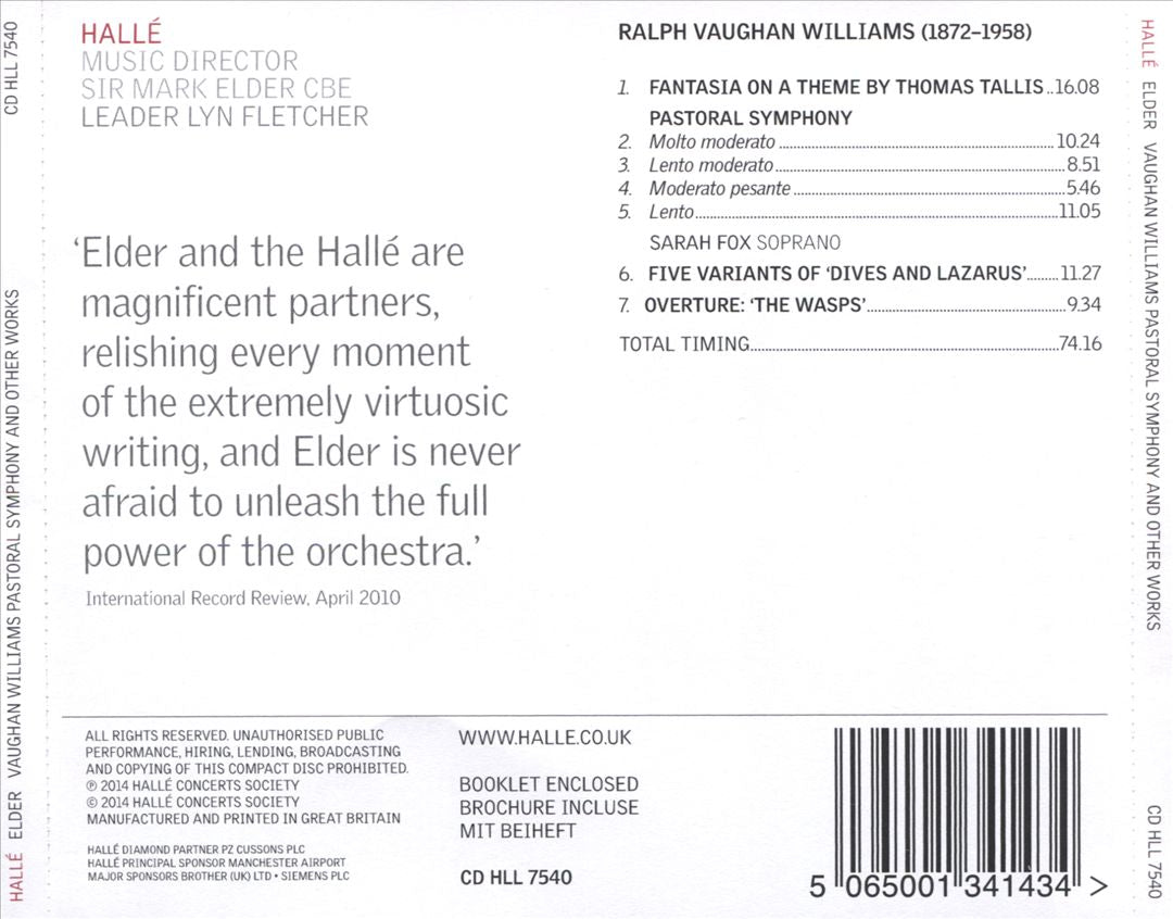 Vaughan Williams: Pastoral Symphony; Fantasia on a Theme by Thomas Tallis; Five Variants of "Dives and Lazarus"; Overture "The Wasps" cover art