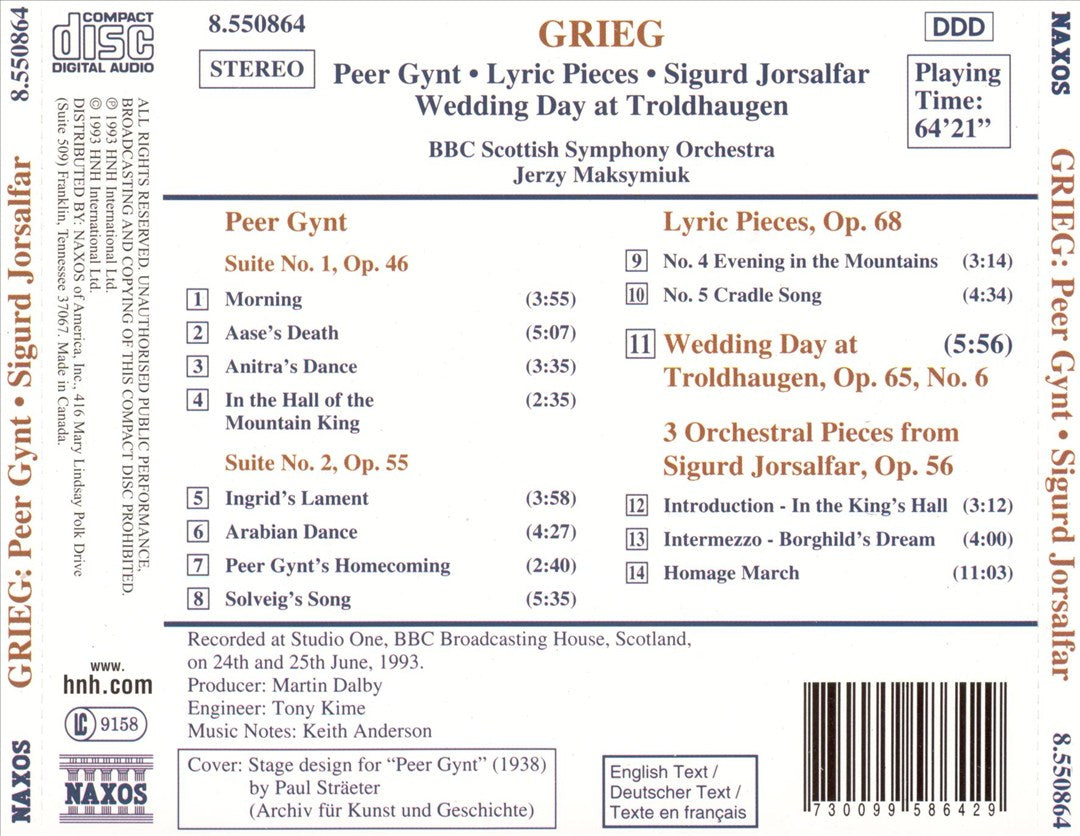Grieg: Peer Gynt Suites Nos. 1 & 2; Lyric Pieces; Sigurd Jorsalfar; Wedding Day at Troldhaugen cover art