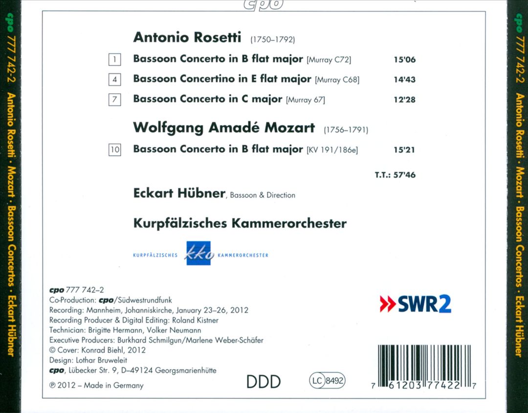 Antonio Rosetti: Bassoon Concertos, Vol. 2 cover art
