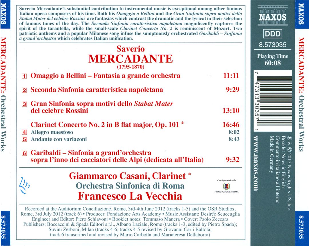 Saverio Mercadante: Sinfonia on Themes from Rossini's Stabat Mater; Homage to Bellini; Clarinet Concerto No. 2 cover art