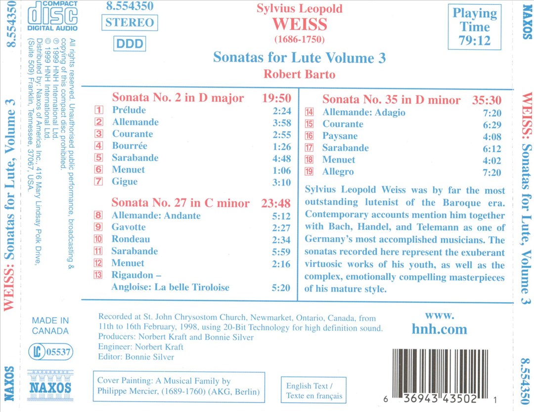 Sylvius Leopold Weiss: Sonatas for Lute, Vol. 3 cover art