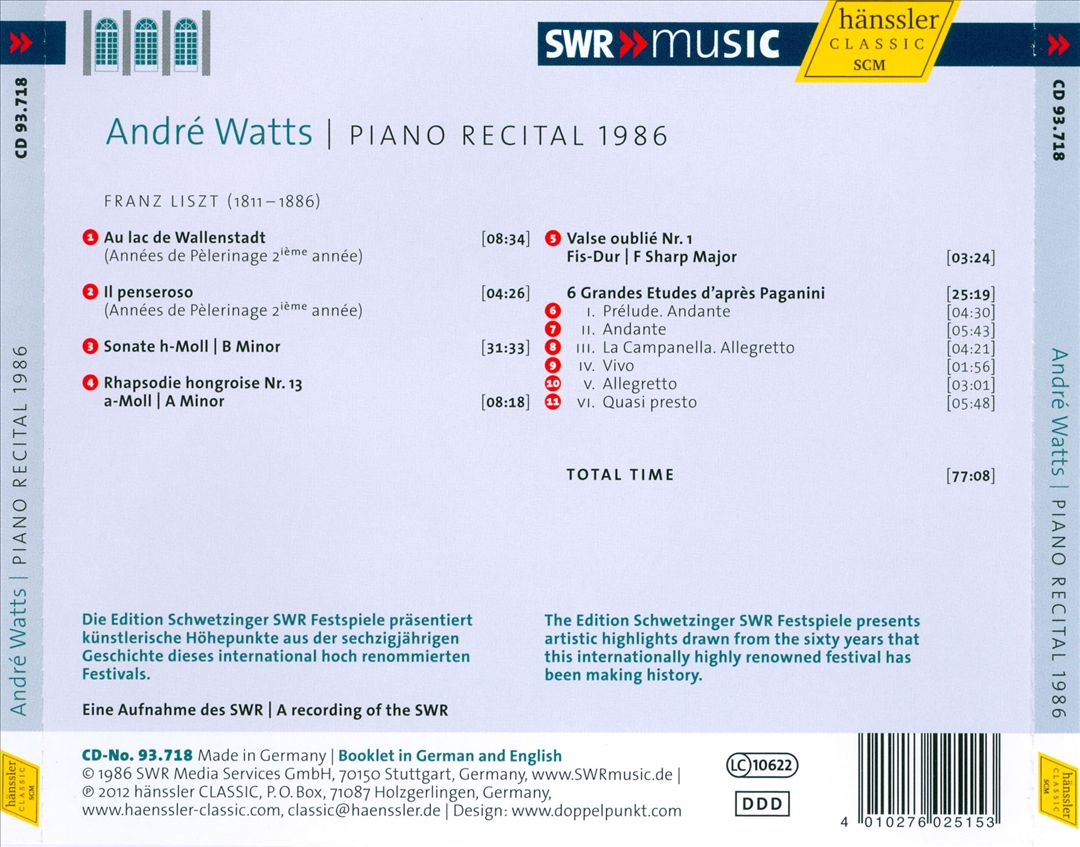 André Watts: Piano Recital, 1986 cover art