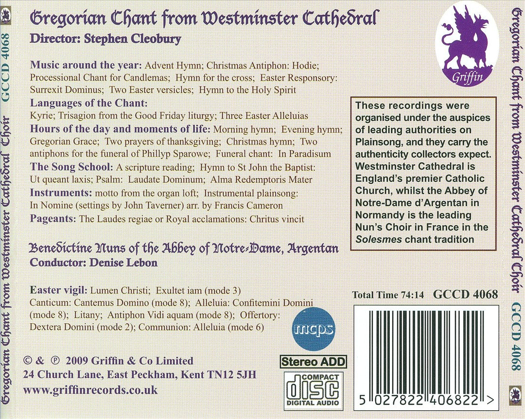 Gregorian Chant from Westminster Cathedral Choir cover art