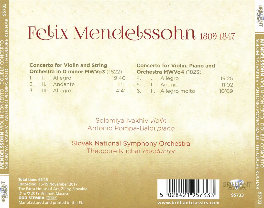 Mendelssohn: Concerto for Violin, Piano and Orchestra; Concerto for Violin and String Orchestra in D minor cover art