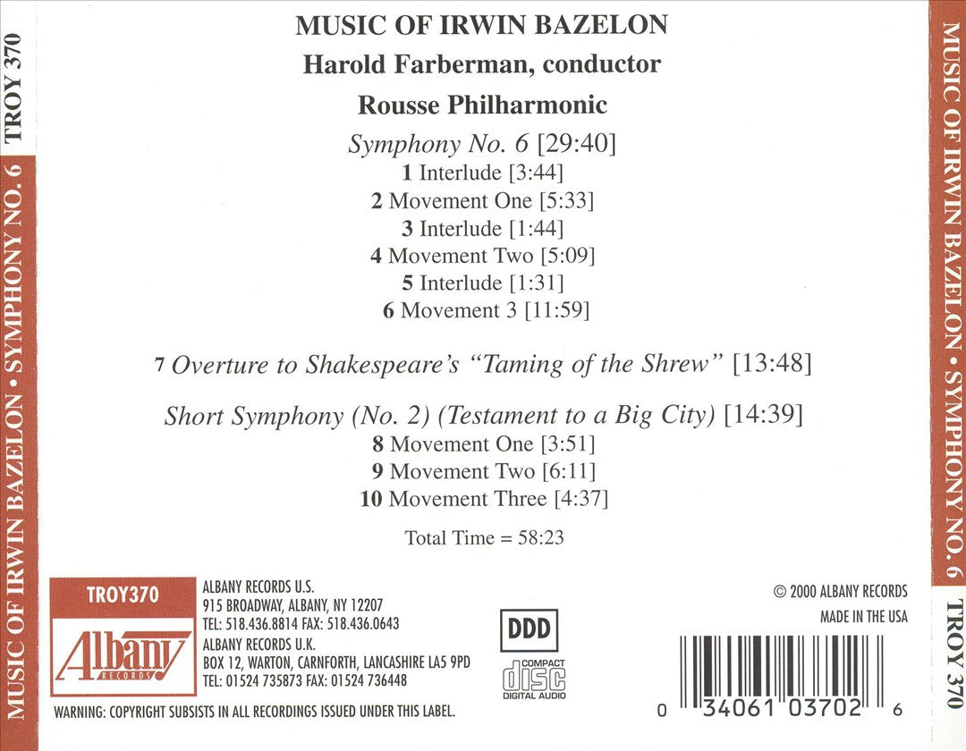 Bazelon: Symphony No. 6; Symphony No. 2 cover art