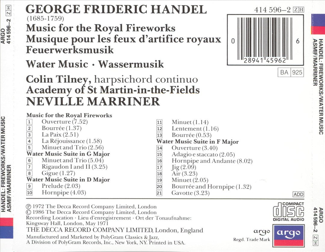 Handel: Music for the Royal Fireworks; Water Music cover art