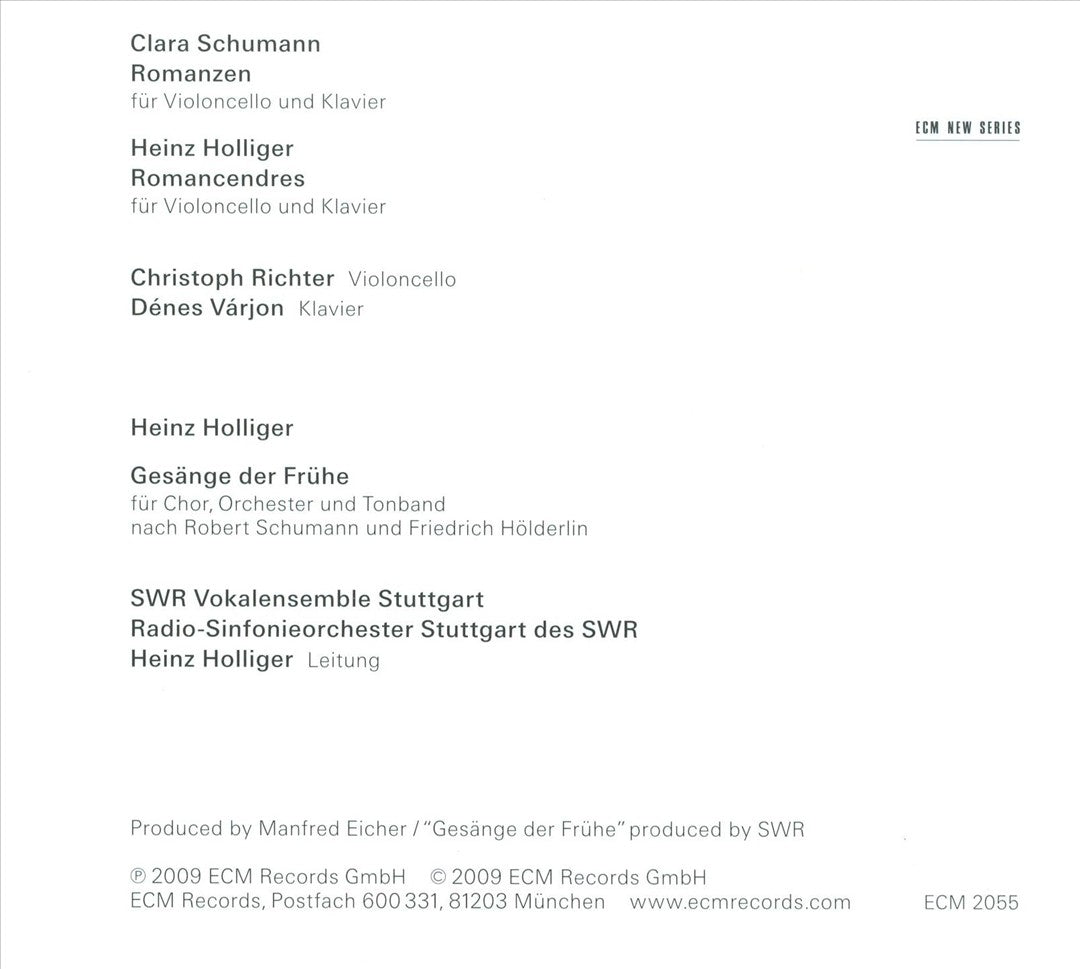 Clara Schumann: Romanzen; Heinz Holliger: Romancendres; Gesänge der Frühe cover art