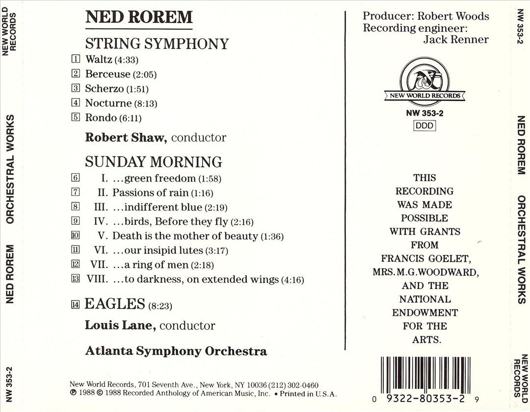 Rorem: String Symphony; Sunday Morning; Eagles cover art