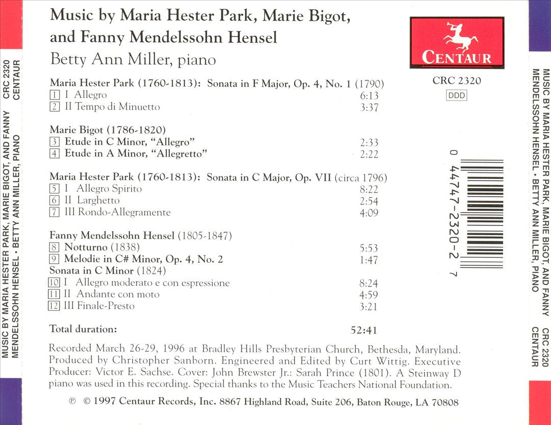 Music by Maria Hester Park, Marie Bigot and Fanny Mendelsshon Hensel cover art