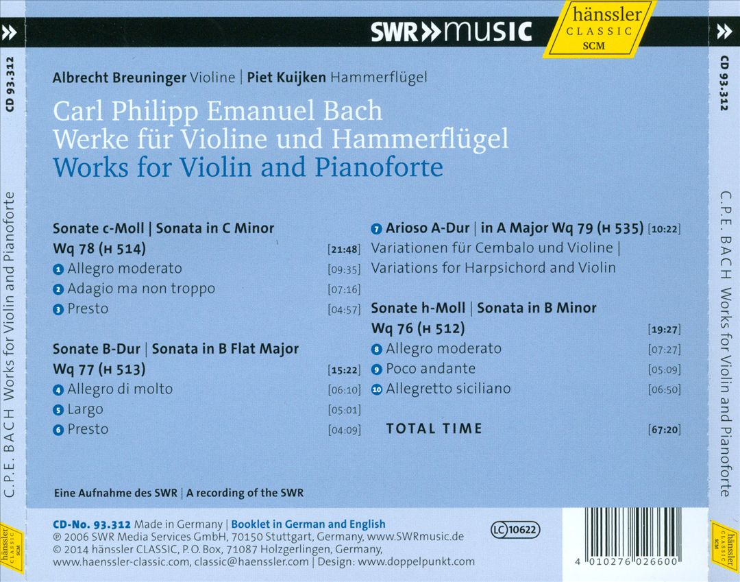 C.P.E. Bach: Werke für Violine und Hammerflügel cover art