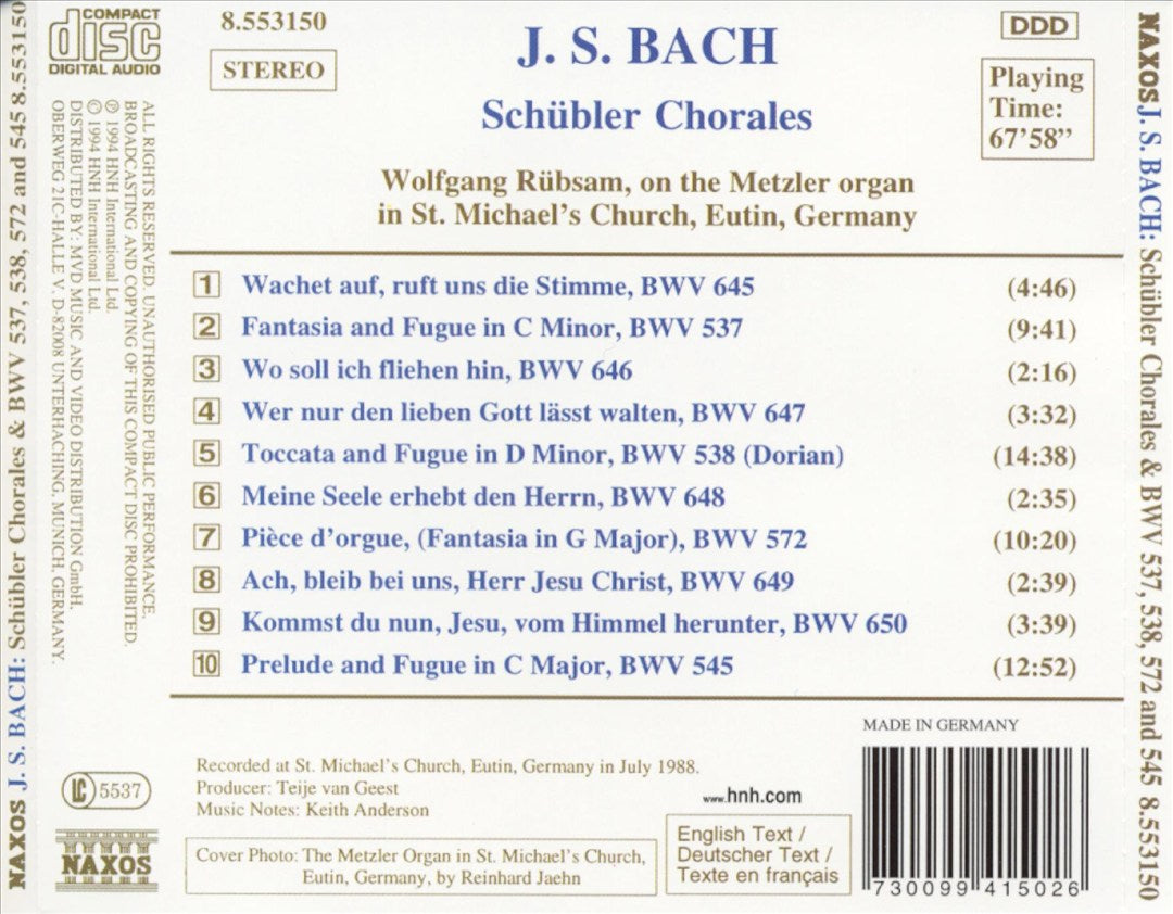 Bach: Schübler Chorales, BWV 645-650 cover art