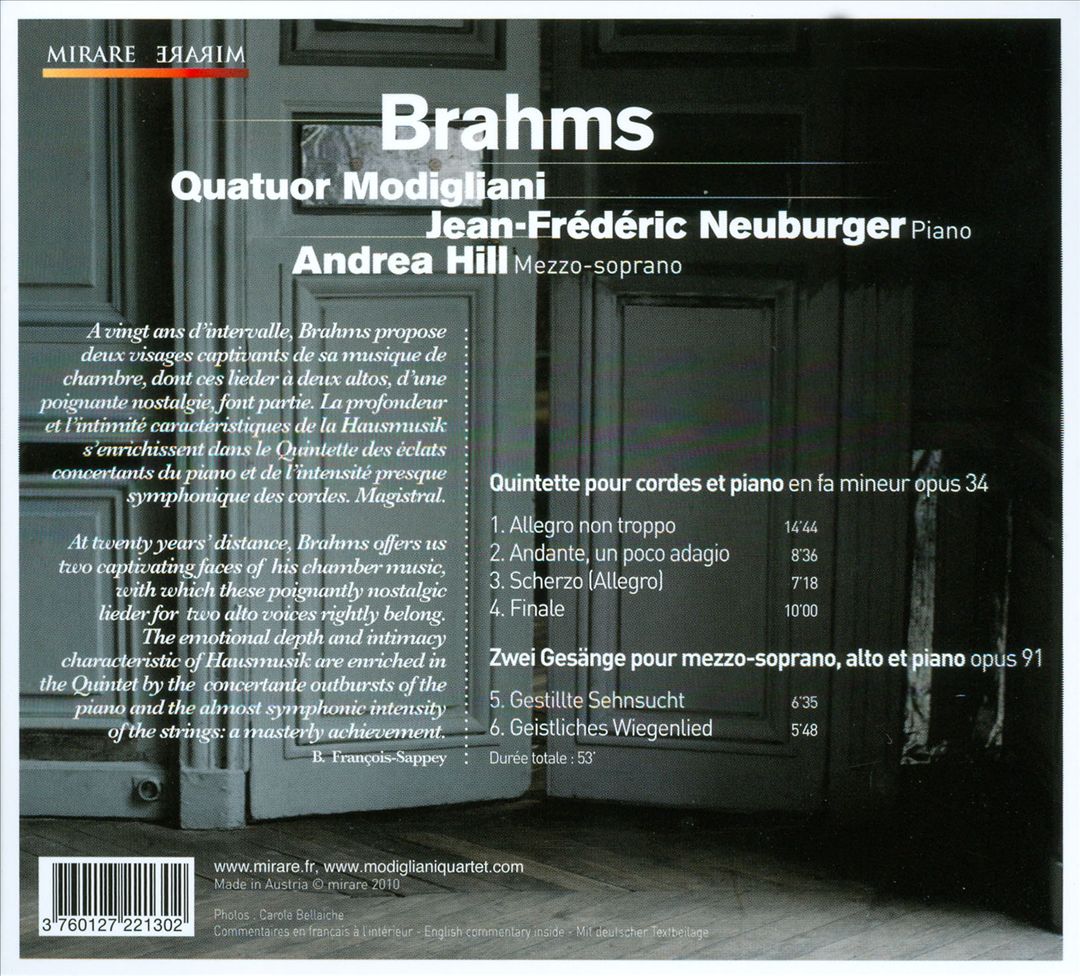 Brahms: Piano Quintet; Zwei Gesange, Op. 91 cover art