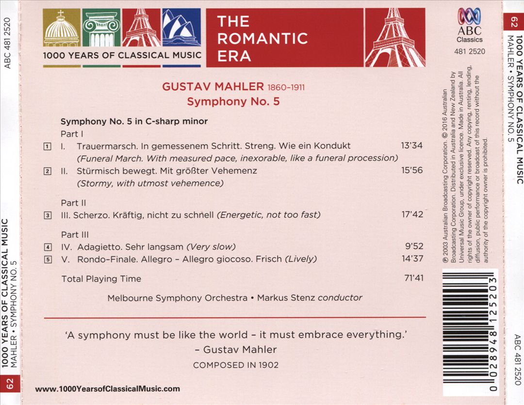 1000 Years of Classical Music, Vol. 62: The Romantic Era - Mahler: Symphony No. 5 cover art