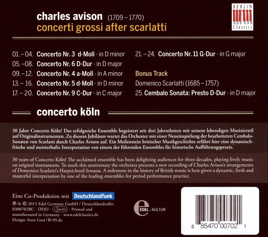 Charles Avison: Concerti Grossi after Scarlatti cover art