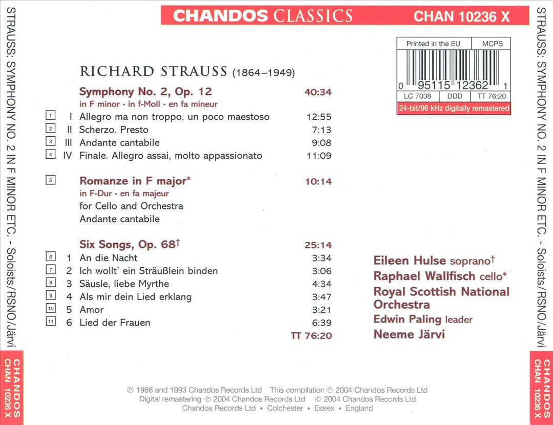 Strauss: Symphony No. 2 in F minor; Six Songs; Romanze for Cello and Orchestra cover art