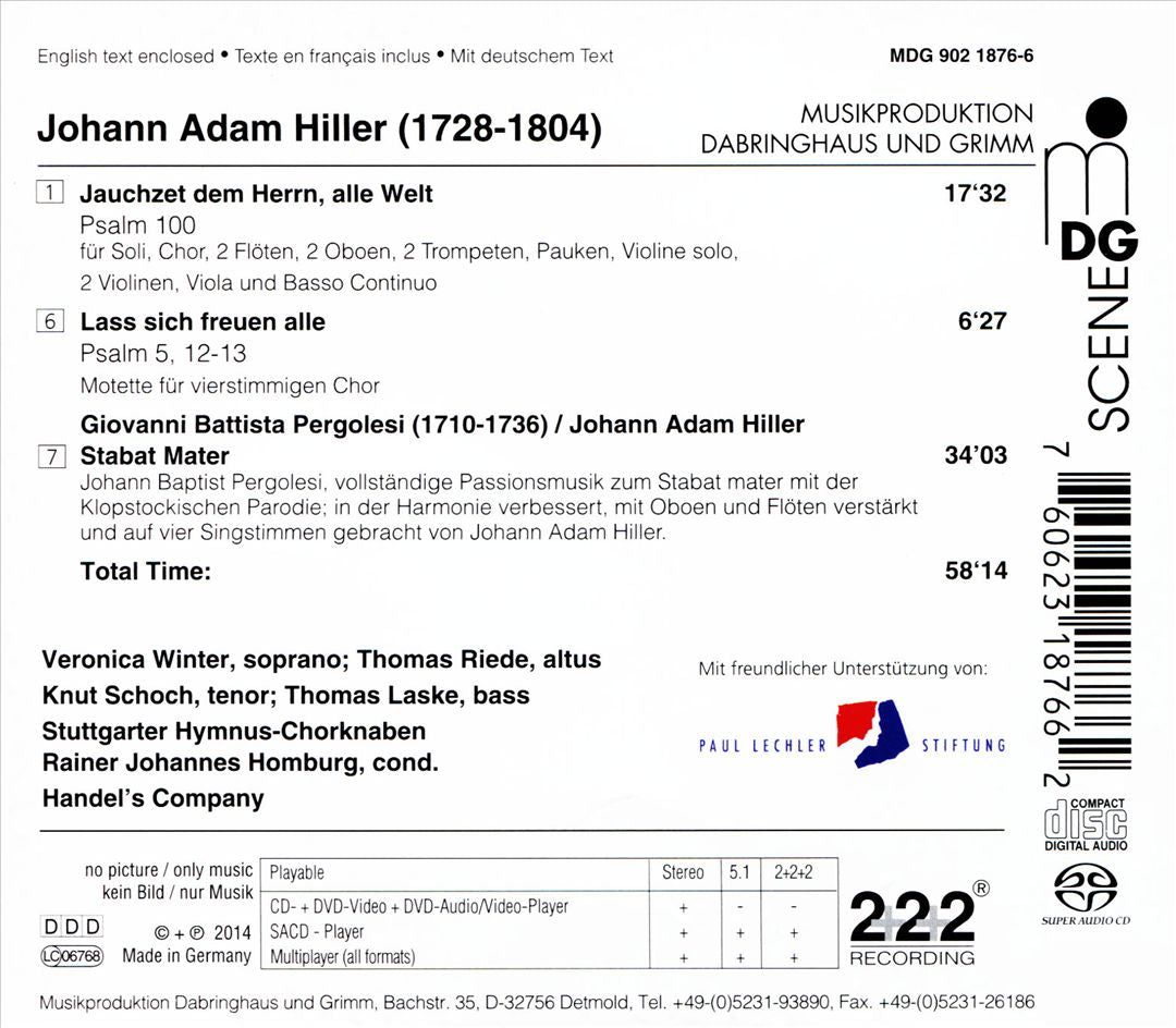 Johann Adam Hiller: Jauchet dem Herrn, alle Welt. Psalm 100; Lass sich freuen alle. Psalm 5; Pergolesi: Stabat Mater cover art